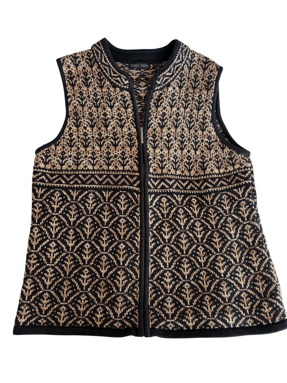 Nomadic Traders Vtg 90s Black Tan Fair Isle Geometric Zip-Front  Sweater Vest L
